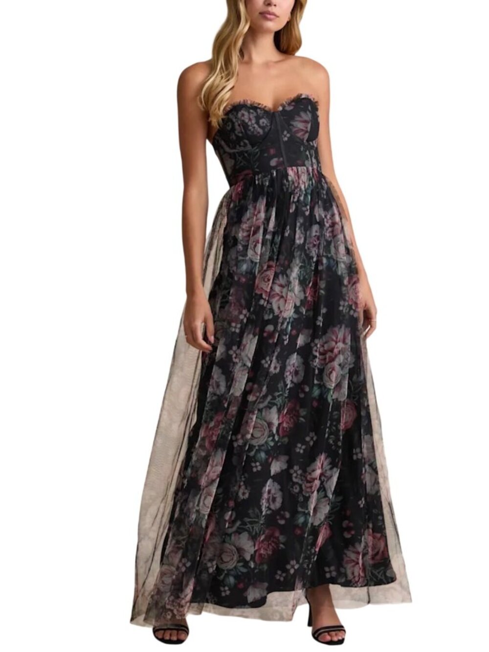 Lulus Stately Entrance Floral Bustier Mesh Maxi Dress XS Dark Fairy Whimsigoth